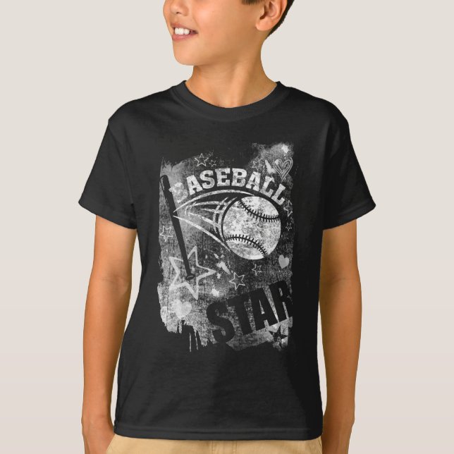 Baseball Star, svart Grunge Baseball T Shirt (Framsida)