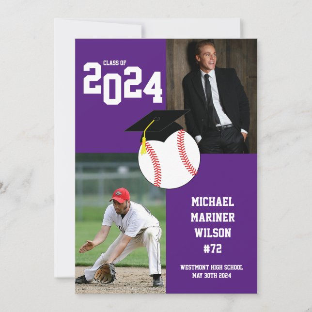Baseball Studenten Sport Lila White Inbjudningar (Framsida)