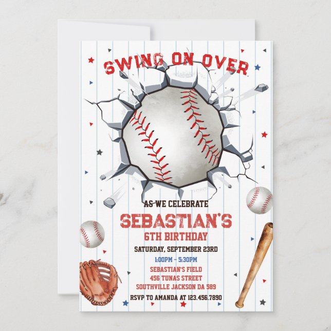 Baseball Swing On Over Boy Birthday Invitation Inbjudningar (Framsida)