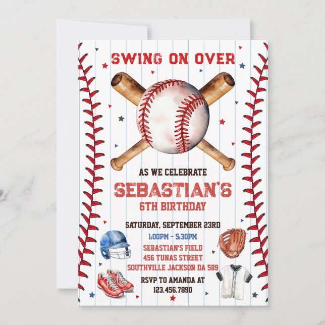 Baseball Swing On Over Boy Birthday Invitation Inbjudningar (Framsida)