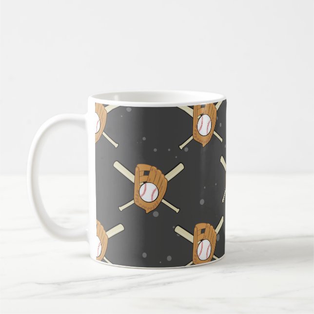 Baseball Symbols - Sömlöst Mönster på Mörk Kaffemugg (Vänster)