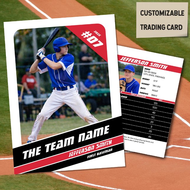 Baseball Team Trading Card Gift Red White (Baseball Player Trading Card in White with Custom Team Name and White Red Elements)
