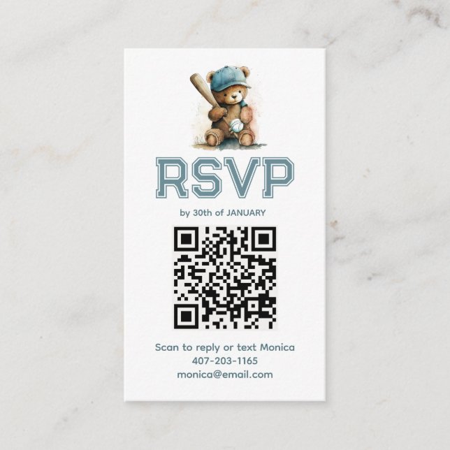 Baseball Teddy Bear Baby Shower QR Code RSVP  Tilläggskort (Framsida)