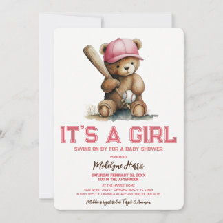 Baseball  Teddy Bear Watercolor Girl Baby Shower  Inbjudningar