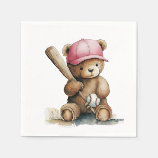 Baseball Teddy Pink Hat Bat Ball Baby Girl Pappersservett