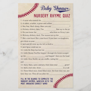 Baseball Theme Baby Shower Nursery Rhyme Quiz-spel Flygblad