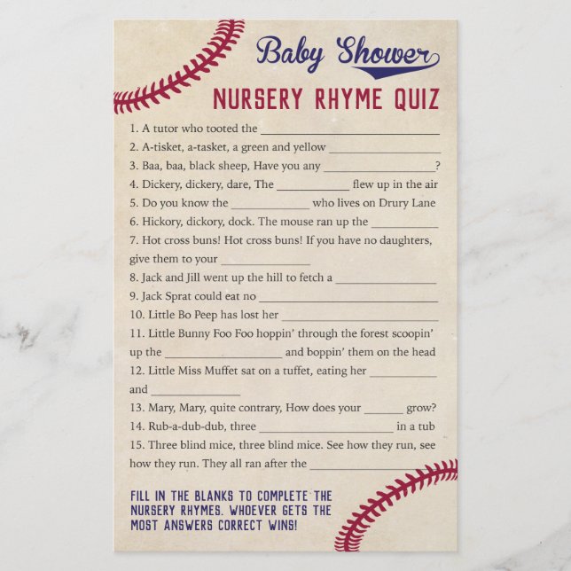 Baseball Theme Baby Shower Nursery Rhyme Quiz-spel Flygblad (Framsidan)