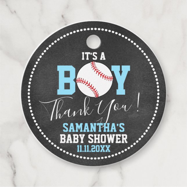 BASEBALL Themme Baby Shower Chalkboard Blue Boy Gåvor Etiketter (Framsida)