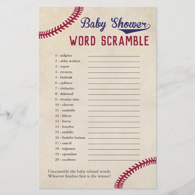 Baseball Theter Baby Shower Ord Scramble Game Flygblad (Framsidan)