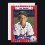 Baseball Trading Card Födelsedagsfest inbjudan<br><div class="desc">Anpassa dessa söta baseballfödelsedagsinbjudningar med spelarens favoritfoto. Basbollkortsdesignen har en bakgrund i streck och har röda stjärnor och en baseboll med MVP-åldern på födelsedagen. All text kan ändras för att passa dina behov.</div>