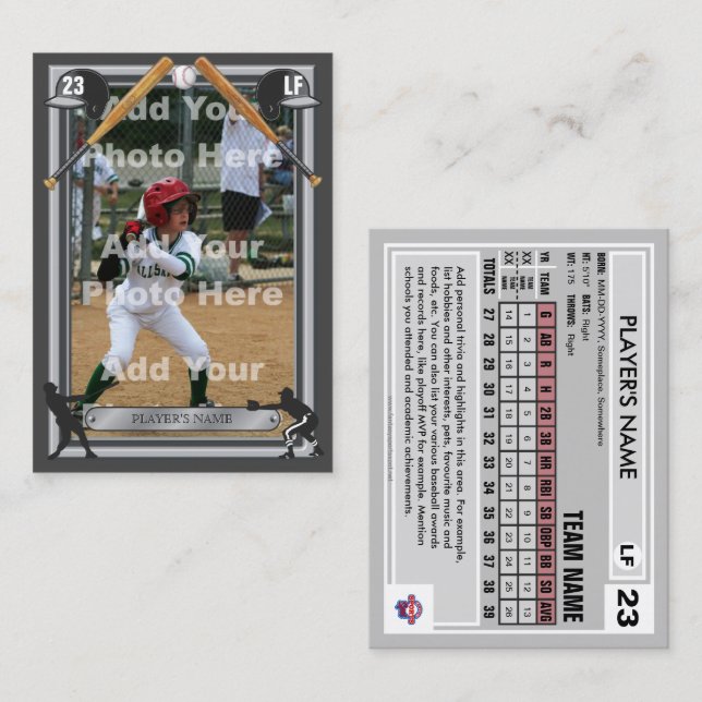 Baseball Trading Card-Mörk Grått Frt - Anpassnings (Fram/baksida)