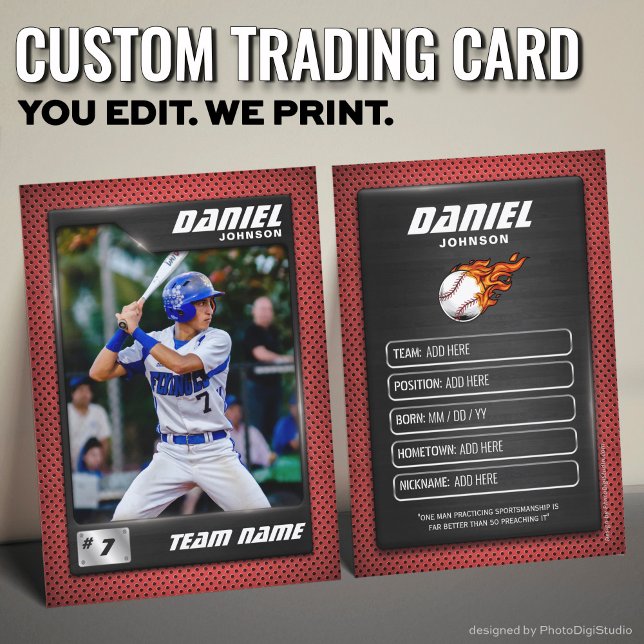Baseball Train-kort med rött grafikkort (Custom Baseball Trading Card, Red Graphite Player Card)