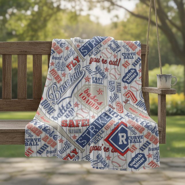 Baseball Typography Rött vitt blått Rand ID770 Fleecefilt (Skapare uppladdad)