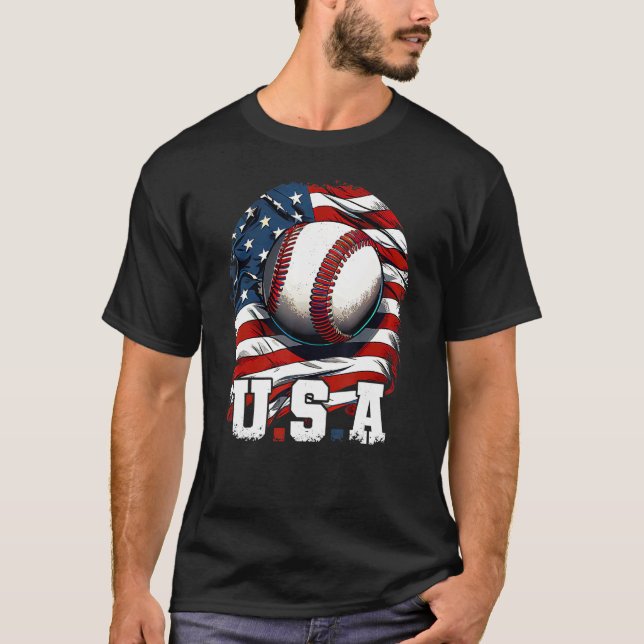 Baseball USA Flag Patriotic  4th Of July Baseball T Shirt (Framsida)