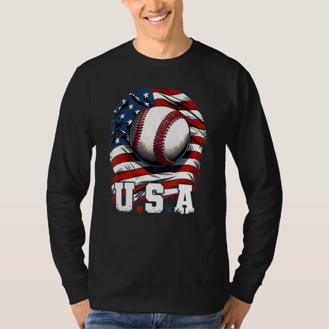 Baseball USA Flag Patriotic  4th Of July Baseball T Shirt (Framsida)
