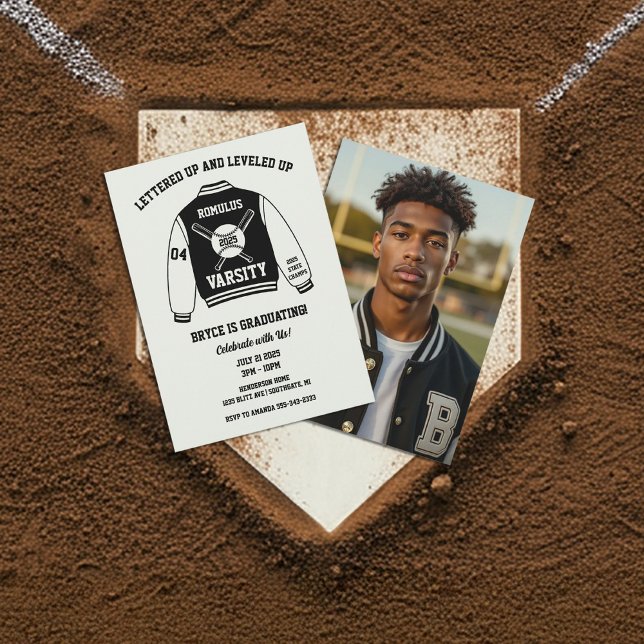 Baseball Varsity Jacka Studentfest Inbjudningar (Varsity Letterman Jacket Baseball Graduation Invitation)