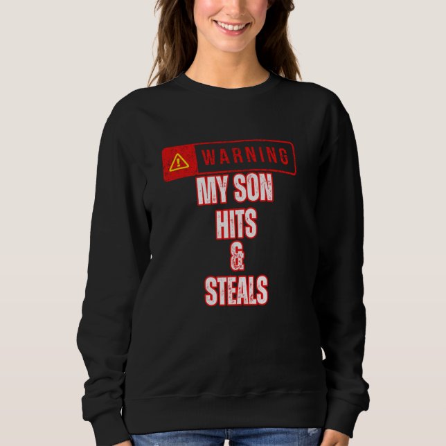 Baseball Warning Min son Hits and Steals Parent Br T Shirt (Framsida)