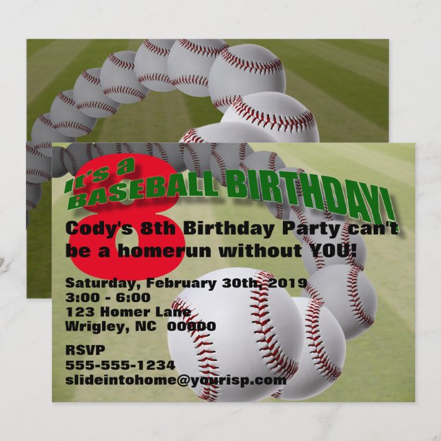 Baseballfödelsedag! PARTYINBJUDAN Inbjudningar (Fram/baksida)