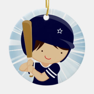 Baseballpojkesmet i blått och vit julgransprydnad keramik