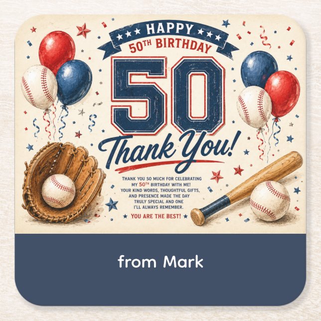 Baseboll 50-årsdag Tack  Underlägg Papper Kvadrat (Framsidan)