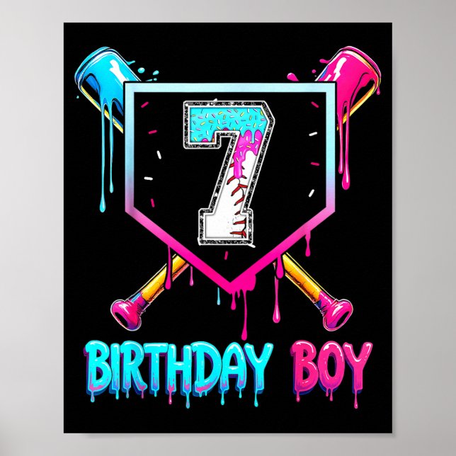 Baseboll 7 Årig Födelsedag Pojke Glass Dropp 7:e B Poster (Framsidan)