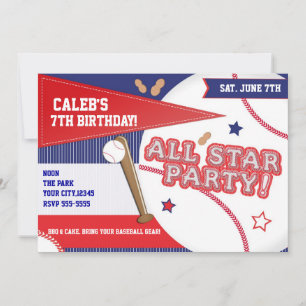 Baseboll All Star Röd Vit Blå Födelsedagsfest Inbjudningar