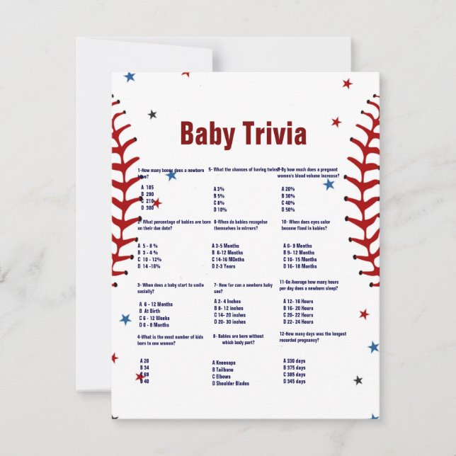 Baseboll baby trivia spel baby shower spel Kort (Framsida)