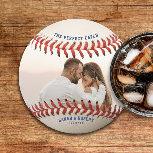 Baseboll Den Perfekta Fångsten Par Foto Bröllop Underlägg Papper Rund