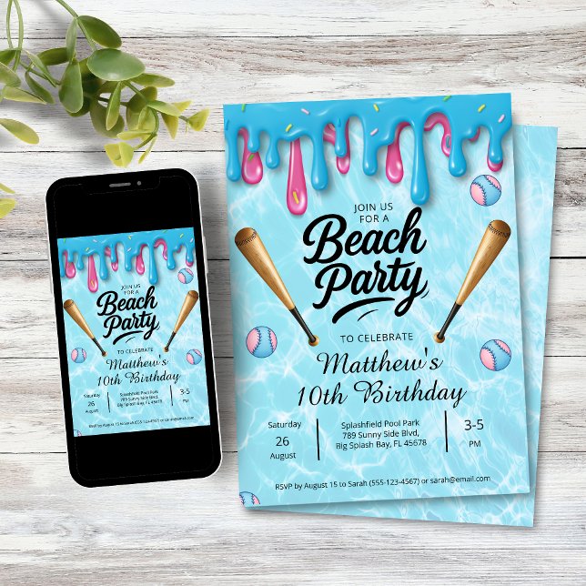 Baseboll Drip Strandfest för barn / tonåringar Inbjudningar (Baseball Drip Birthday Beach Party Invitation
)