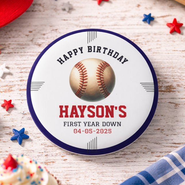Baseboll firande födelsedagsfest för ettåring knapp (First Year Down Baseball 1st Birthday Party Button)