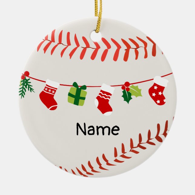 Baseboll för jul med namn för barn julgransprydnad keramik (Framsidan)