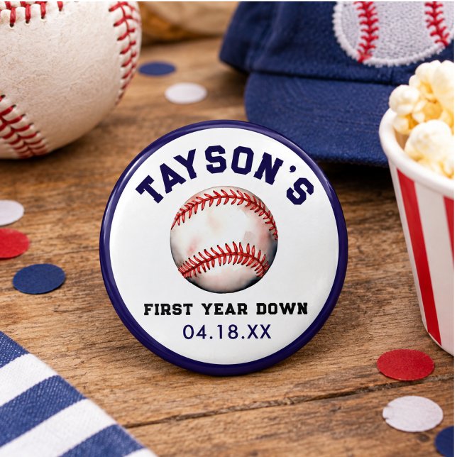 Baseboll Första Året Ned 1:a Födelsedag Knapp (Baseball First Year Down 1st Birthday Button)