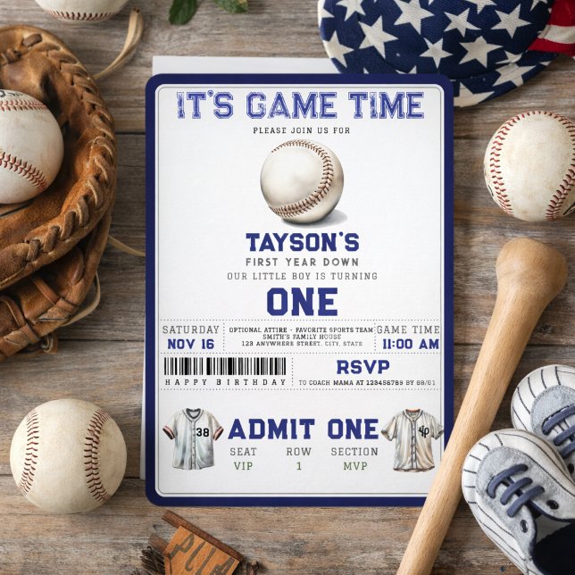 Baseboll Första året ner 1:a födelsedag Inbjudningar (Baseball First Year Down 1st Birthday Ticket Invitation
)