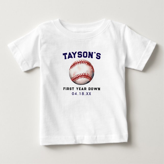 Baseboll Första Året Ner 1:a Födelsedag T Shirt (Framsida)
