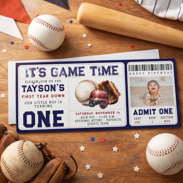 Baseboll Första året ner 1:a födelsedagsbiljett Inbjudningar (Baseball First Year Down 1st Birthday Ticket Invitation)