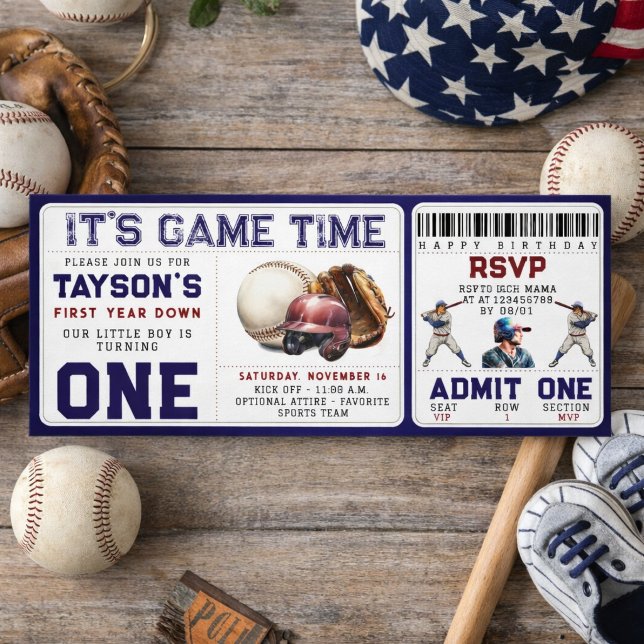 Baseboll Första året ner 1:a födelsedagsbiljett Inbjudningar (Baseball First Year Down 1st Birthday Ticket Invitation
)