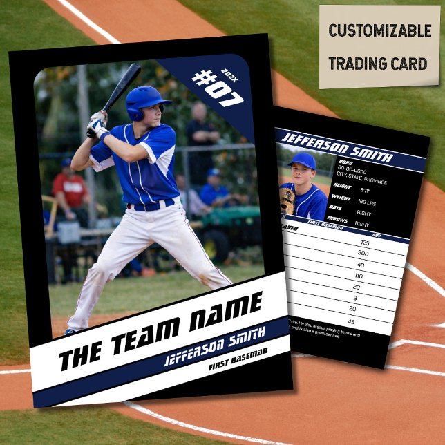 Baseboll Lag Affärskort Sport Gåva Blå (Baseball Player Trading Card in Black with Custom Team Name and White Blue Elements)