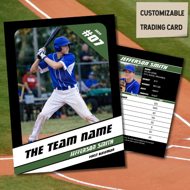 Baseboll Lag Affärskort Sport Gåva Grön (Baseball Player Trading Card in Black with Custom Team Name and White Green Elements)