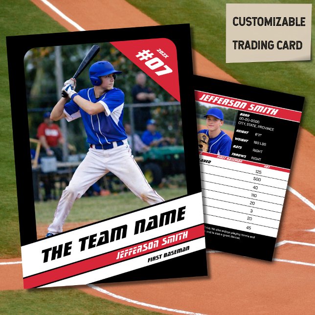 Baseboll Lag Affärskort Sport Gåva Röd (Baseball Player Trading Card in Black with Custom Team Name and White Red Elements)
