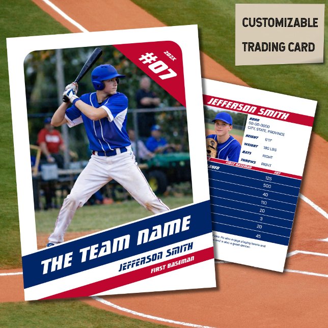 Baseboll Lag Byteskort Rött Blått (Baseball Player Trading Card in White with Custom Team Name and Red White Blue Elements)