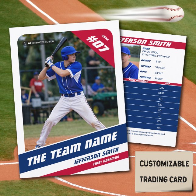Baseboll Lag Trading Card Röd Blå (Baseball Player Trading Card in White with Custom Team Name and Red White Blue Elements)