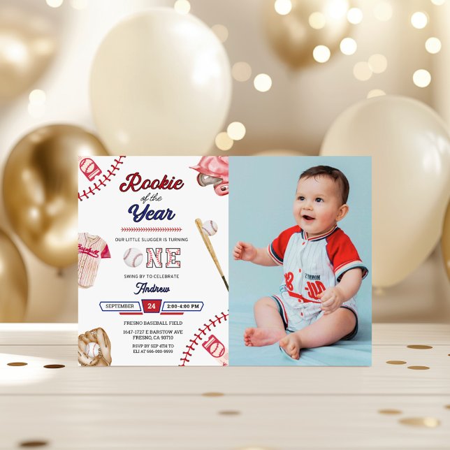 Baseboll Little Slugger 1-års födelsedags fotofest Inbjudningar (Baseball 1st birthday party horizontal invitation with photo)