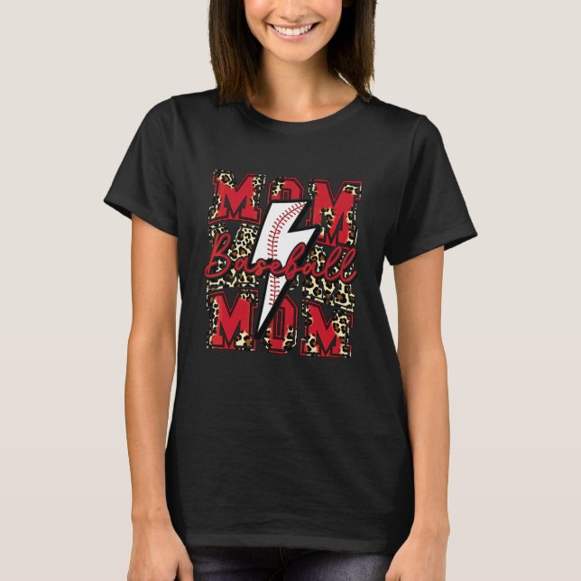 Baseboll Mamma Baseboll Blixt Leopard Röd T Shirt (Framsida)
