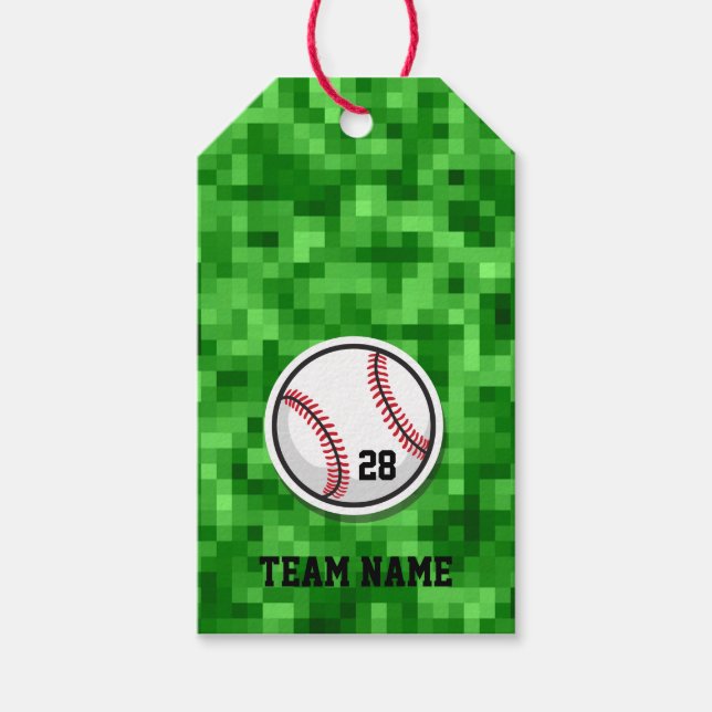 Baseboll NUMBER Lag NAMN Pixlad grön gräs Presentetikett (Framsidan)