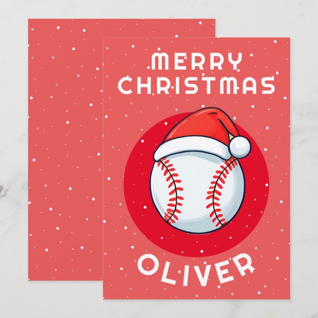 Baseboll Röd Tomtehatt Jul Barnets Namn Julkort (Fram/baksida)