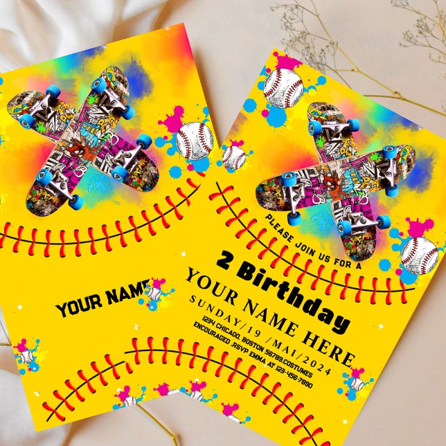 Baseboll skateboard graffiti färgglada fest gul inbjudningar (Skapare uppladdad)