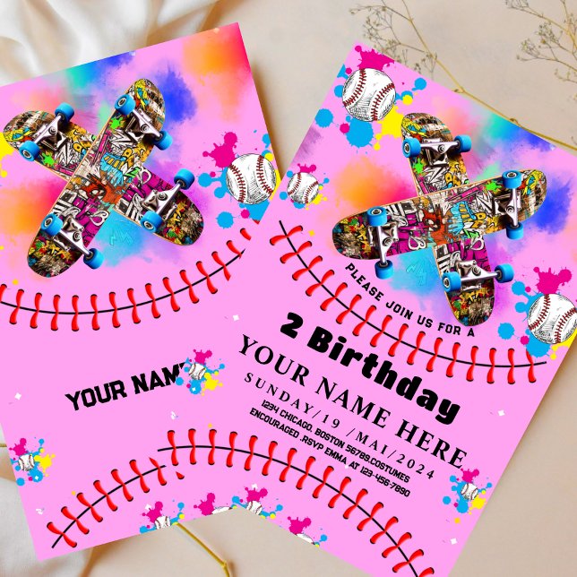 Baseboll skateboard graffiti färgglada fest rosa inbjudningar (Skapare uppladdad)
