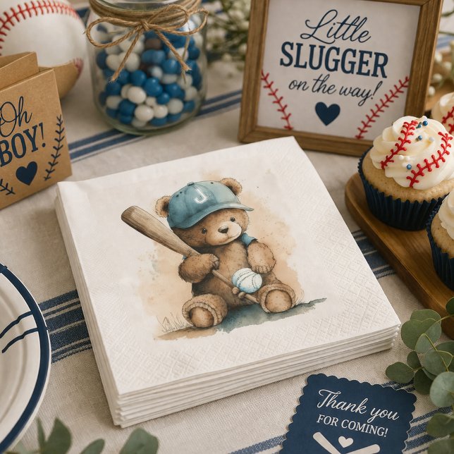 Baseboll Teddybjörn Monogram Keps Slagträ Boll Bab Pappersservett (Skapare uppladdad)