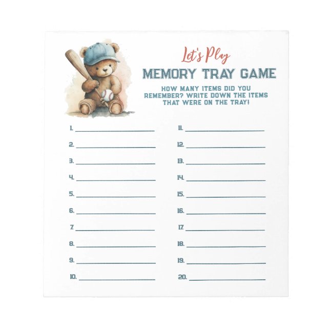 Baseboll Teddypojke Baby Shower Minnesbrickor Spel Anteckningsblock (Framsida)