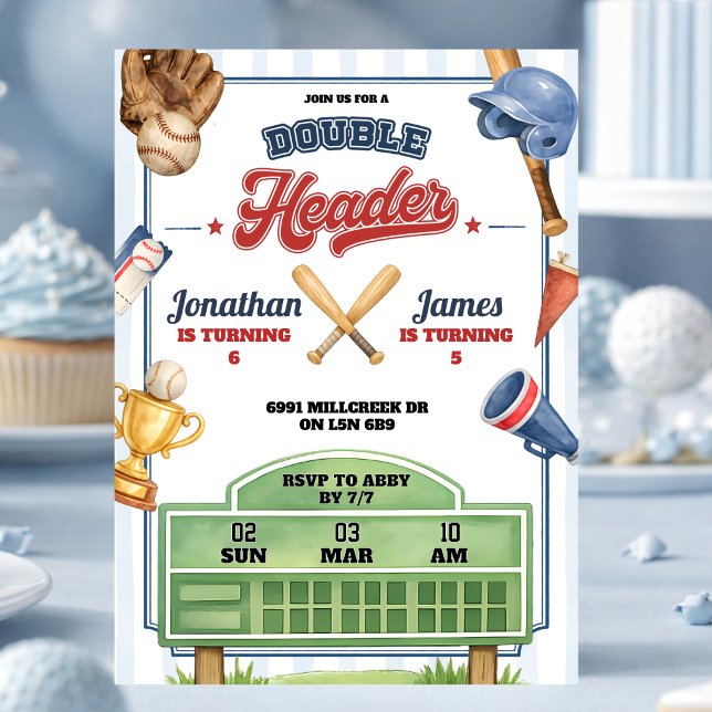 Baseboll tema dubbelheader tvilling födelsedagsfir inbjudningar (Skapare uppladdad)